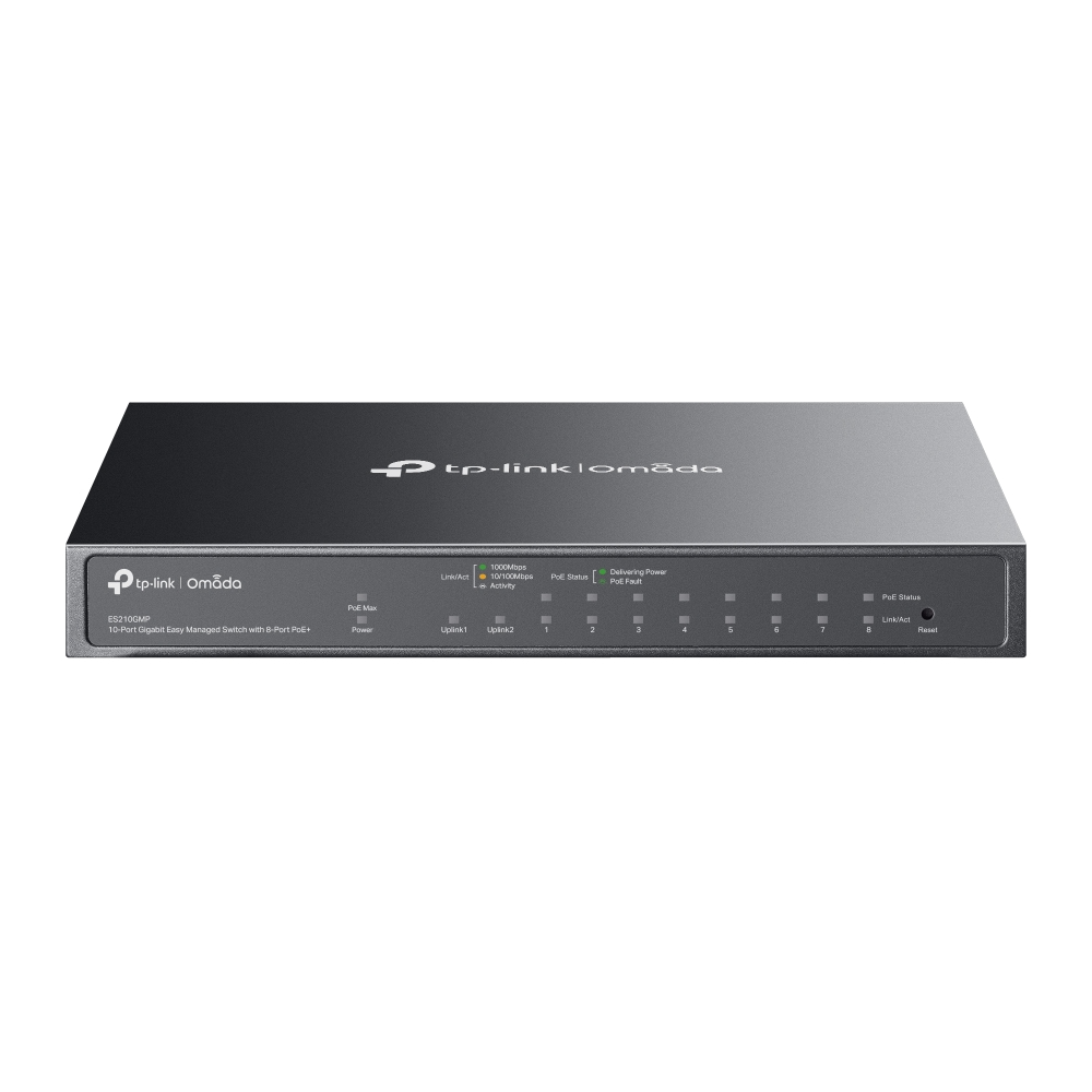 TP-Link ES210GMP Omada 10-Port GE Easy Managed Switch with 8-Port PoE+ 8×GE PoE+ Ports, 1x GE Non-PoE Ports, 1×Combo GE RJ45/SFP Port, Budget 123W