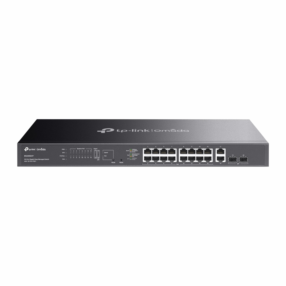 TP-Link ES220GMP Omada 20-Port GE Easy Managed Switch with 16-Port PoE+,16×GE PoE+ Ports, 2x GE Non-PoE Ports, 2× GE SFP Ports,Budget 250W