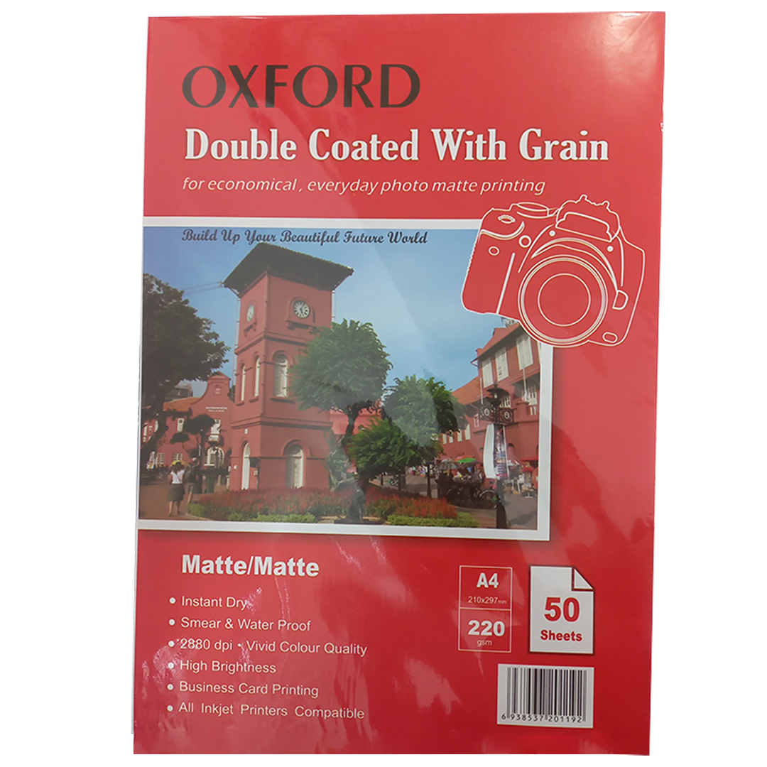 OXFORD A4 220GSM PRINTABLE BOTH SIDES MATTE WITH GRAIN INKJET 50 SHEETS SMEDIA  FOTO KAGIZ