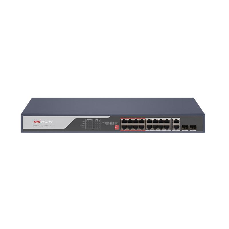 DS-3E0318P-E(C) Hikvision 16 port Unmanaged POE+ switch, Uplink: 2xRJ45 + 2xSFP, 225W budget, 300 m POE