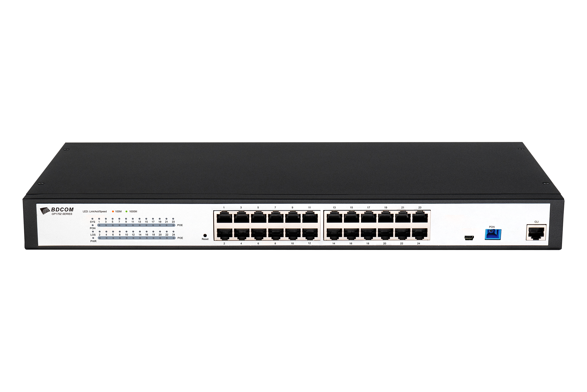BDCOM GP1702-24GPM xPON PoE MDU(Multi-Dwelling Unit)1-Port GPON/EPON (SC/UPC), 24- Port Gigabit PoE+metal casing with cooling fan single AC-220V power